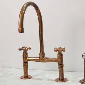 Unlacquered Copper Bridge Kitchen Faucet with Sprayer, Vintage Style