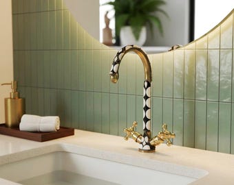 Handcrafted Brass & Resin Faucet: Geometric Inlay Gooseneck Design