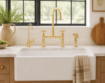 Unlackierter Messing Küchenarmatur, Vintage 8-Zoll Old Bridge Sink Wasserhahn mit Sprayer