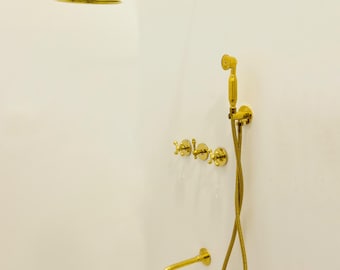 Unlackiertes Messing Wand-Duschsystem mit Overhead & Handsprüher