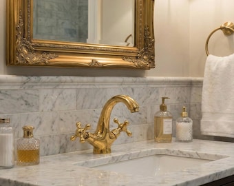 Unlacquered Brass Bathroom Faucet, Single Hole, Deck Mount, double handle faucet