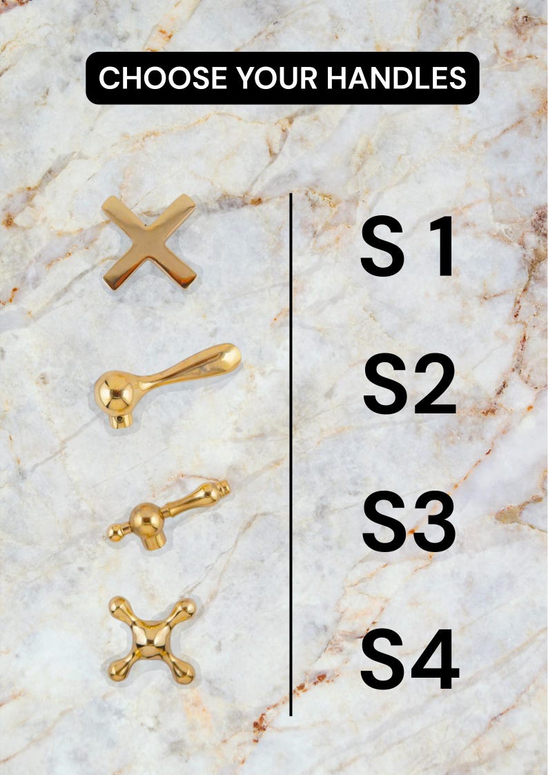 May include: Image featuring four gold-colored handle designs labeled S1 through S4. The handles are displayed against a marble-patterned background. The text "CHOOSE YOUR HANDLES" is at the top.