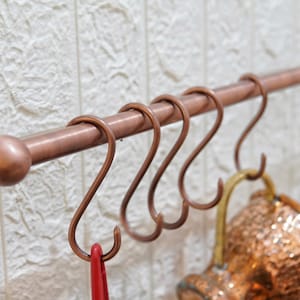 Unlacquered Brass Pot Rail, Wall-Mounted copper pot rack with hooks, Handmade Copper Kitchen Pot Rail