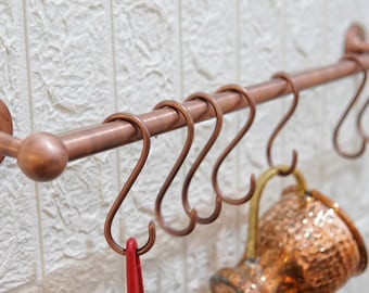 Handmade Copper Pot Rail with Brass S Hooks - Wall Mounted Kitchen Rack
