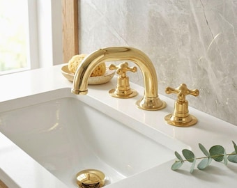 Unlackierter Schwanenhals-Wasserhahn aus Messing, Vintage Kreuzgriffe, weit verbreitete Badezimmerleuchte