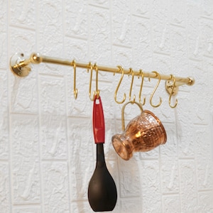 Unlacquered Brass Pot Rail with &quot;S&#39; hooks, Vintage Style Unlacquered Brass Pot Rack, Handmade Brass Pot Rack, Rustic Wall Mounted