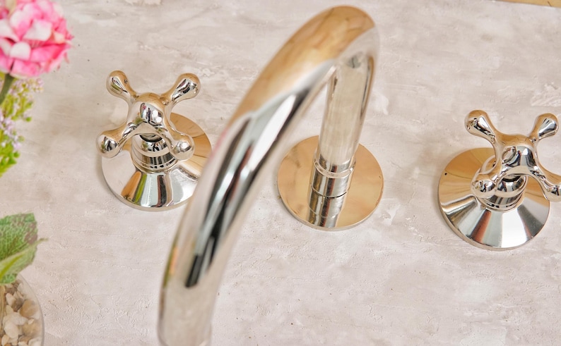 brass bathroom faucet, widespread faucet, gold vanity faucet, luxury bathroom faucet, solid brass sink faucet, modern bathroom tap, brass sink tap, 3 hole bathroom faucet