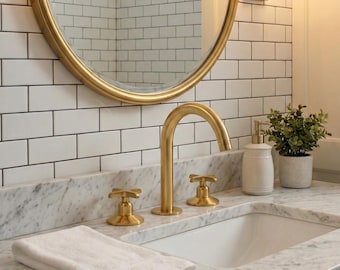 Unlacquered Brass Bathroom Faucet: Widespread 3-Hole Sink Fixture