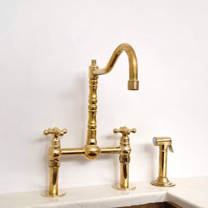 Unlacquered Brass Classic Bridge Faucet, Brass Bridge Faucet With Sprayer, Handcrafted Brass Center Ball Faucet