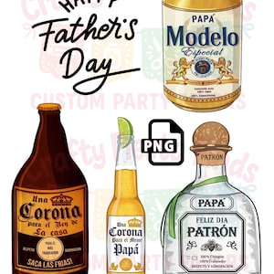 以下が含まれることがあります： 父の日のデジタルイラスト。Modeloのビール缶、Coronaのビール瓶、ライム入りのCoronaのビール瓶、Patronのテキーラボトルが描かれています。「Happy Father's Day」の文字は筆記体で書かれています。