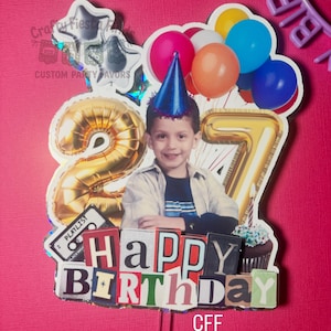 Personalized Photo Birthday Cake Topper | Custom Age Metallic Balloons Party Decoration