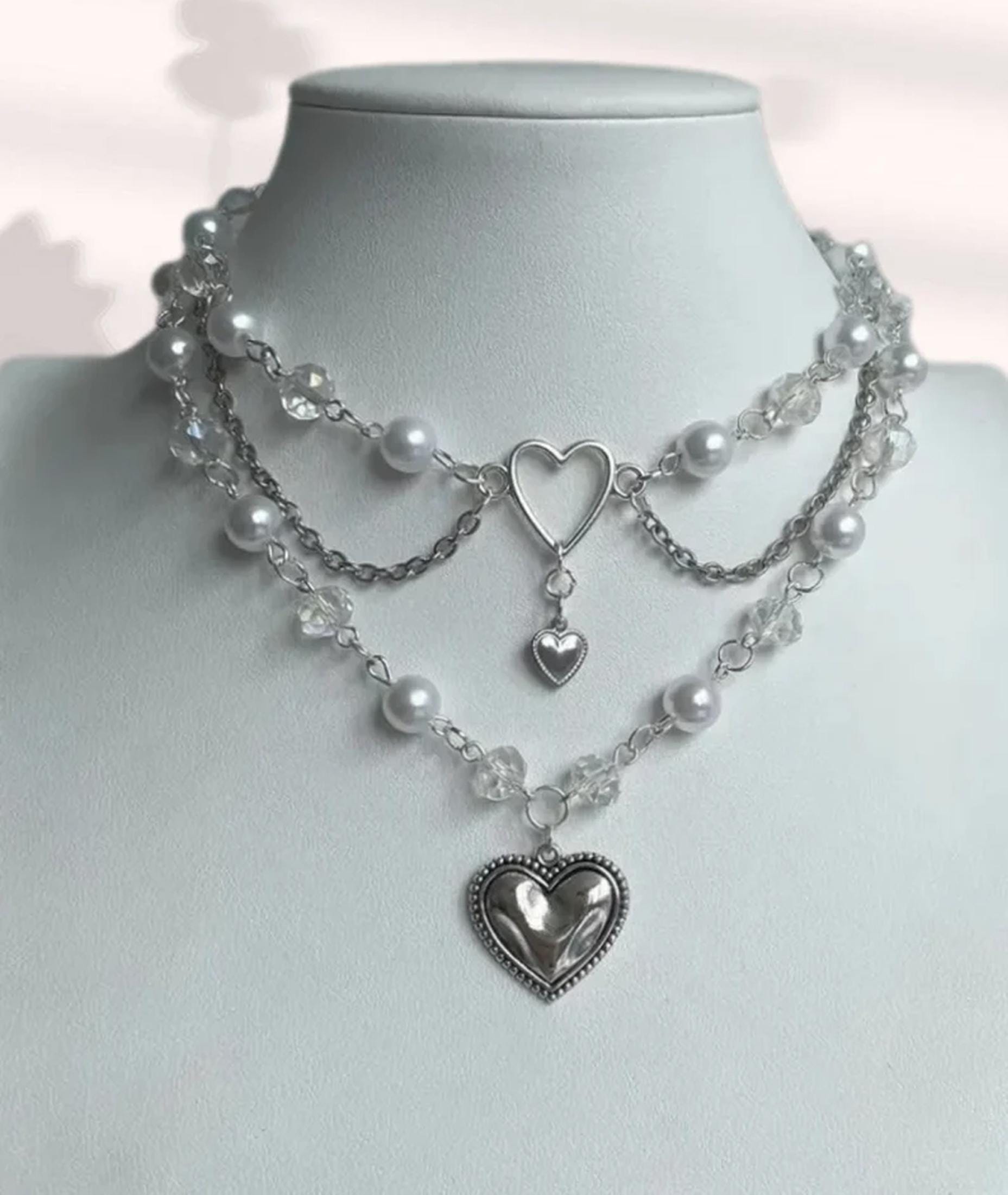 Silver Heart Choker – Handmade Layered Pearl Necklace