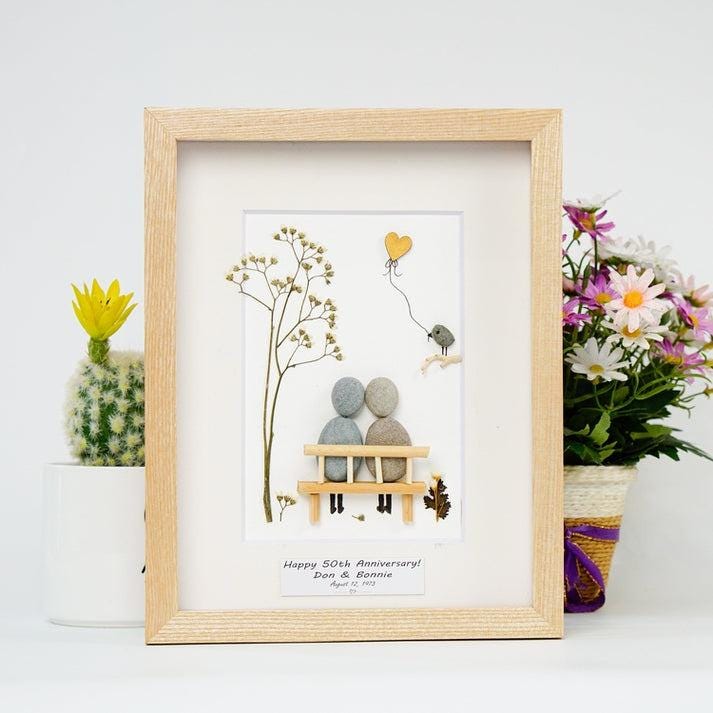 Personalised 50th Anniversary Pebble Art, Golden Wedding Gift for Couple, Custom Golden Pebble Art for Couple, 50th Anniversary Gift