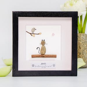 Personalisierte Pebble Art, Katze und Vogel gerahmte Erinnerung, Andenken, Haustier Verlust Geschenk