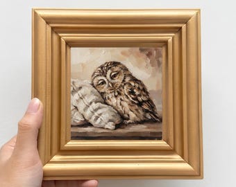 Owl Oil Painting Bird Art Original Hand Painted Mini Canvas Wall Art Wooden Frame