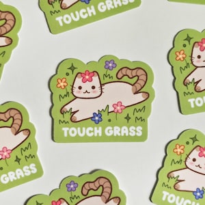 Touch Grass Katze Aufkleber | Süßer, lustiger, trendiger Kitty-Gamer-wasserfester Vinyl-Aufkleber