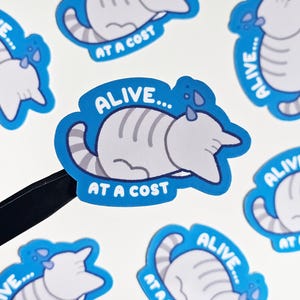 Adesivo per gatti "Vivo a un costo" / Adesivo in vinile impermeabile con simpatico, divertente, trendy e triste gatto.