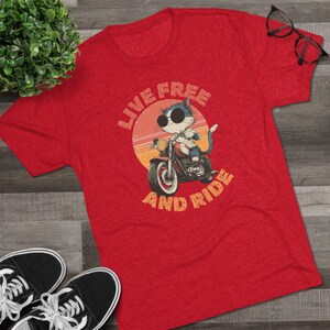 Camiseta unissex Cat Live Free and Ride, camiseta de motociclista, vestuário de motociclista, presentes para ele, traje casual de verão