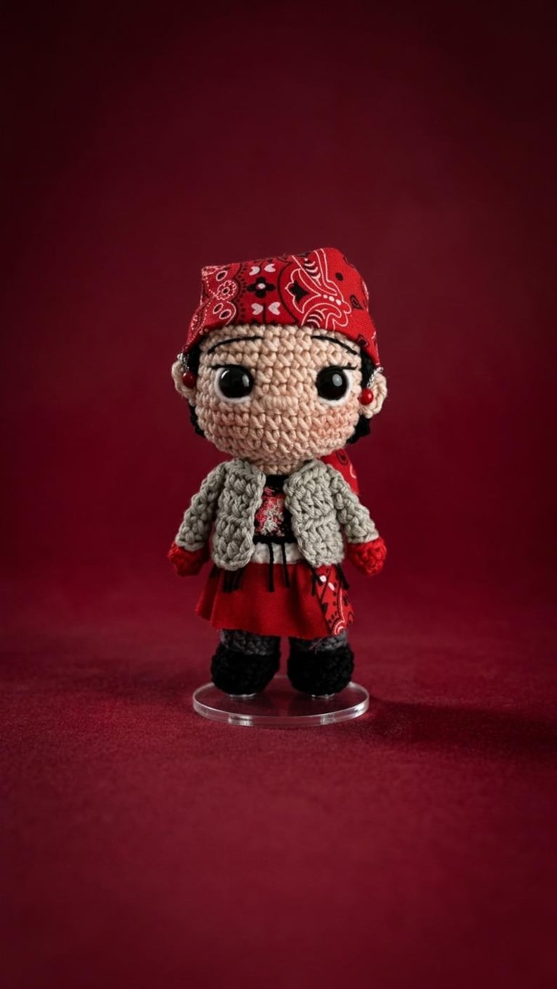 May include: A crocheted doll with large black eyes, wearing a red bandana with a white paisley pattern, a light gray textured cardigan, a red skirt, and black shoes. The doll has small red bead earrings and stands on a clear circular base.