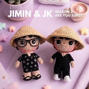 Puede incluir: Dos muñecos de ganchillo con sombreros cónicos de color tostado. Uno lleva gafas negras y un conjunto negro estampado con sandalias negras. El otro lleva un conjunto negro liso con zapatos blancos. Texto: EBOOK JIMIN & JK SEASON 2 ARE YOU SURE?