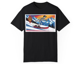 Skeleton Ski Unisex T-shirt, Skiing Graphic Tee, Winter Sports Shirt, Mountain Vacation Apparel, Skeleton Bones Skiing Top