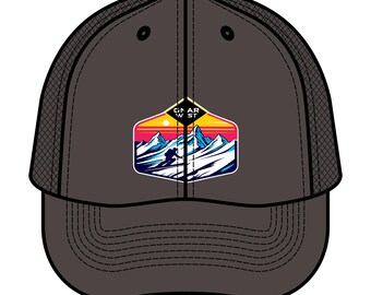 Boné de caminhoneiro, boné de beisebol com logotipo de esqui vintage, boné snapback retrô, presente para pai esquiador, chapéu de pai para esportes de inverno