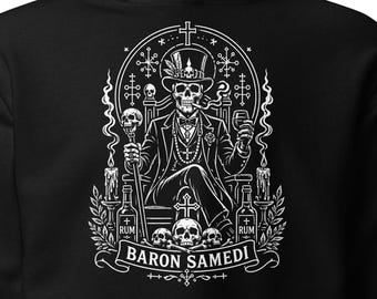 Felpa con cappuccio Baron Samedi, felpa con cappuccio teschio voodoo, pullover streetwear gotico, felpa con cappuccio estetica dark, abbigliamento occulto, felpa con cappuccio unisex