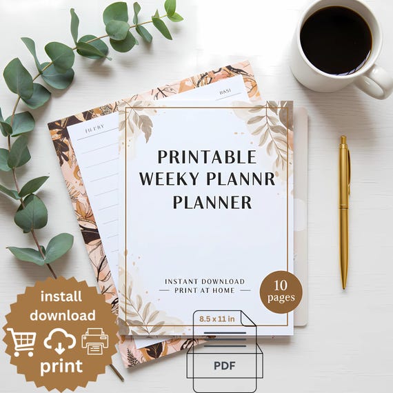 Printable Weekly Planner PDF – Undated Minimalist Habit Tracker, Brain Dump Journal Insert, US Letter Size Digital Download
