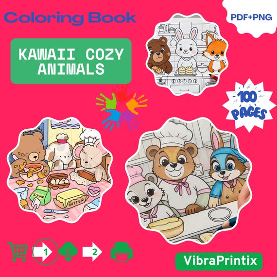 Kawaii Cozy Animals Coloring Book for Kids and Teens, Printable PDF Cute Animal Activity Pages, Relaxing Coloring Art Digital Download