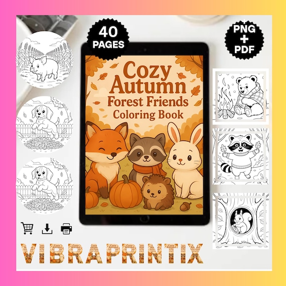 Cozy Autumn Forest Friends Coloring Book for Kids and Adults, 40 Pages PDF Printable Fall Woodland Animal Activity Book Digital Download