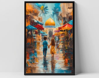 Impresión de pintura al óleo de niños palestinos / Póster de arte mural de la mezquita de Al-Aqsa / Decoración islámica para el hogar