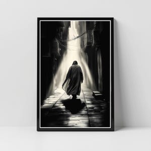 May include: A black and white photograph of a person in a hooded cloak walking down a narrow, dimly lit alleyway. The person is walking towards a bright light at the end of the alley.