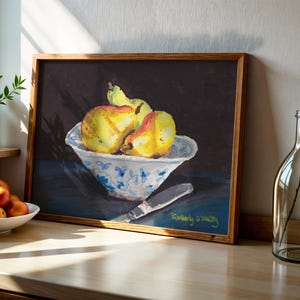 Natura morta con fruttiera e pere, dipinto a pastello a olio di Kimberly O'Malley / Stampa artistica