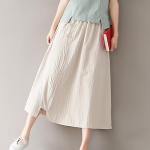 Summer Elastic Waist Skirt Cotton Skirt Casual Loose Skirts Flared with pockets Midi Skirts Customized Plus Size Skirt Boho Linen Skirt