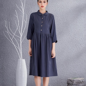 Clearance Summer Cotton Dress 3/4 Sleeves Casual Loose Shirt Collar Dresses