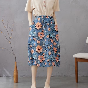 Floral Summer Skirt Printed Elastic Waist Cotton Skirt Soft Wide Long Skirt Customized Plus Skirt Unique prints Personalized and Novel Skirt