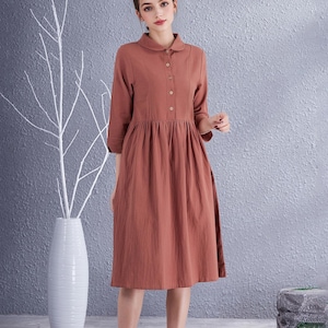 Clearance Summer Cotton Dress 3/4 Sleeves Casual Loose Shirt Collar Dresses