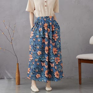 Floral Summer Skirt Printed Elastic Waist Cotton Skirt Soft Wide Long Skirt Customized Plus Skirt Unique prints Personalized and Novel Skirt