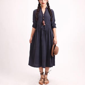 Spring Fall Cotton Dress Soft Casual Loose Midi Dress Long Sleeves Dress Ties Waist Custom Large Size Shirt Dress Tailored Plus Size Dress