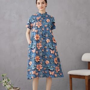 Printed Dress Summer Floral Cotton Soft Dress Short-sleeves Midi Dresses Customize Plus Dress, Unique prints Personalized and Novel Dress