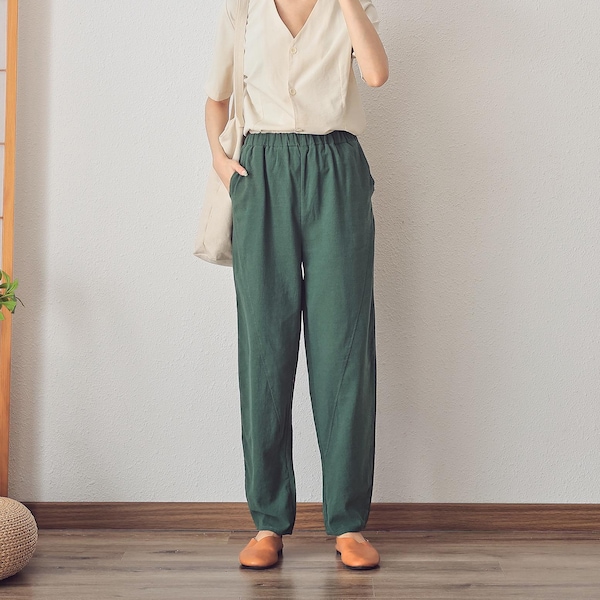 Elastic Waist Women Pants Cotton Loose Pants Custom Plus Pant linen pant side with pockets spring trousers Summer Midi Pant Soft Homewear