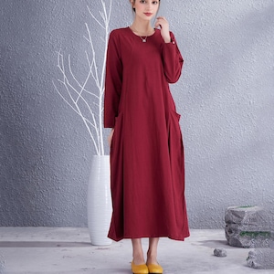 Clearance Fall Winter Dress Cotton Dress Long Sleeves Casual Loose Soft Maxi Dresses