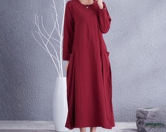 Clearance Fall Winter Dress Cotton Dress Long Sleeves Casual Loose Soft Maxi Dresses