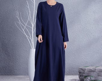 Clearance Fall Winter Dress Cotton Dress Long Sleeves Casual Loose Soft Maxi Dresses