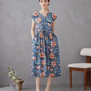 Printed Dress Summer Floral Cotton Soft Dress Short-sleeves Midi Dresses Customize Plus Dress, Unique prints Personalized and Novel Dress