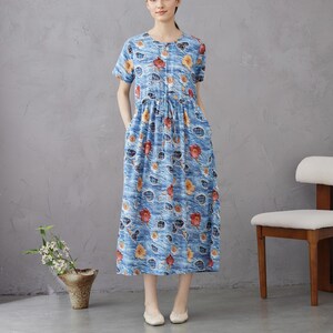 Printed Dress Summer Floral Cotton Soft Dress Short-sleeves Midi Dresses Customize Plus Dress, Unique prints Personalized and Novel Dress