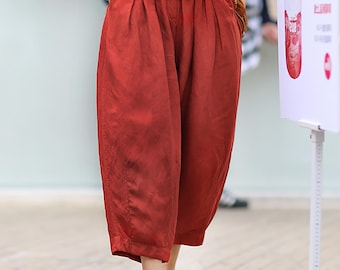 Elastische Taille Frauen Hosen Baumwolle Lose Cropped Leinen Hose Seite mit Taschen Frühlingshose Sommer Midi Hose Soft Homewear Custom Plus Hose