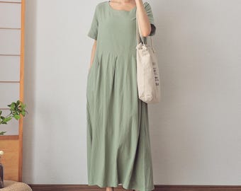 Summer Cotton Maxi Dress Soft Casual Loose A-line Dress Short Sleeves Dress Custom Dress Large Size Clothing Loose Plus Size Dress
