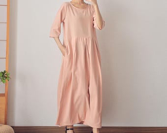 Women's Summer Cotton Dress Soft Casual Loose A-line Dress 3/4  Sleeves Dress Custom Dress Large Size Clothing Loose Plus Size Dress