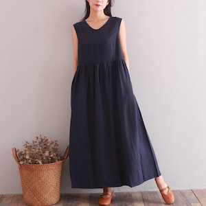 Summer Cotton Dress Soft Casual Loose Dress Sleeveless  Maxi Dress Ties Waist Custom Large Size Clothing Linen Sundress Tailored Plus Dress